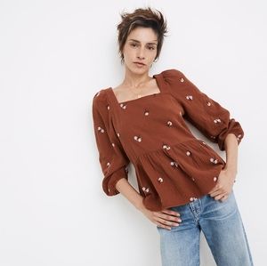 Madewell Amie Floral Embroidered Lightspun Millbrook Puff-Sleeve Peplum Top